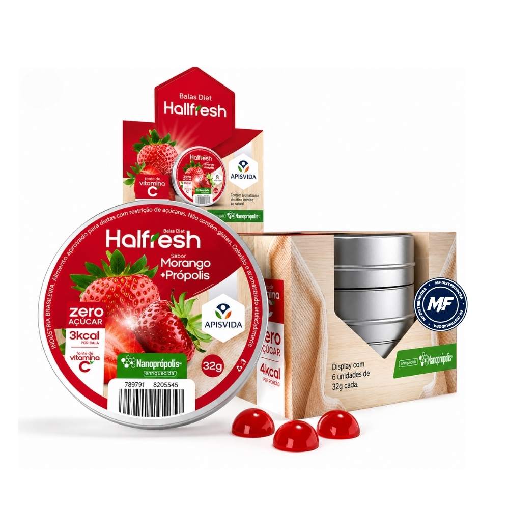 15569582513-apis-bala-morango-display.jpg AP HALFRESH - BALA DIET C/ NANOPROPOLIS SABOR MORANGO - DISPLAY 6UN - Imagem 1
